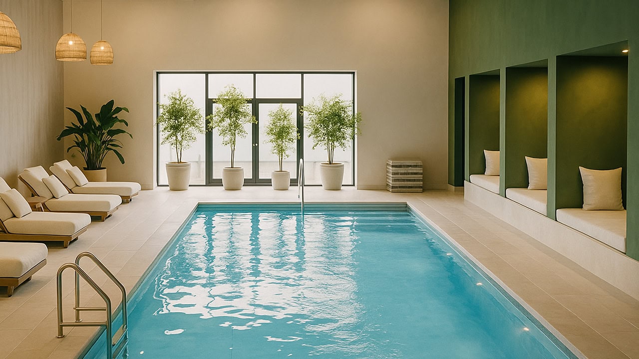 Luxury wellness center indoor pool and private lounging area. Image produced by More Jersey.