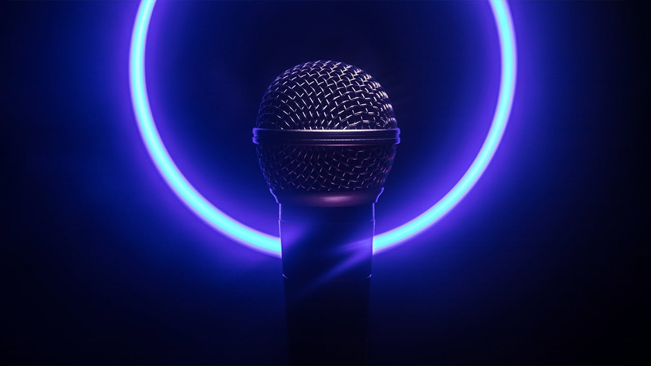 Microphone with blue light behind it for mood for New Jersey open mic or karaoke event.