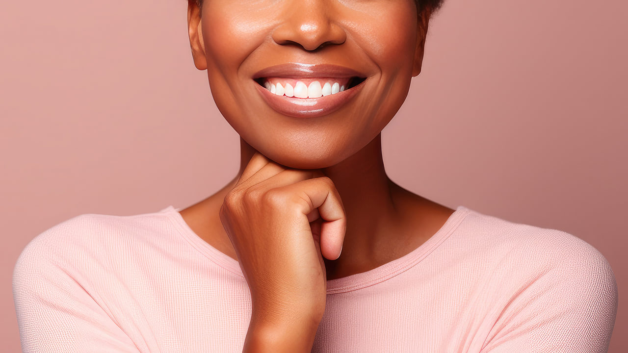 Middle-aged African American woman smiling and wearing a pink with a pink background.