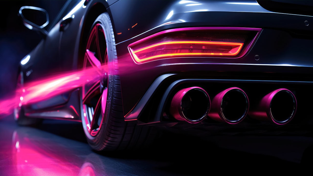 Modified car with neon LED lights and high-performance exhaust system.