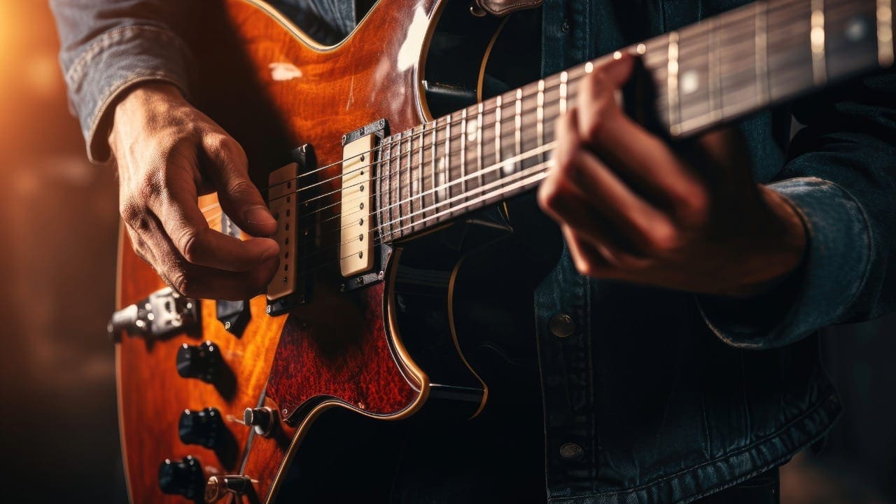 Musician's hands passionately playing the guitar at New Jersey live performance.