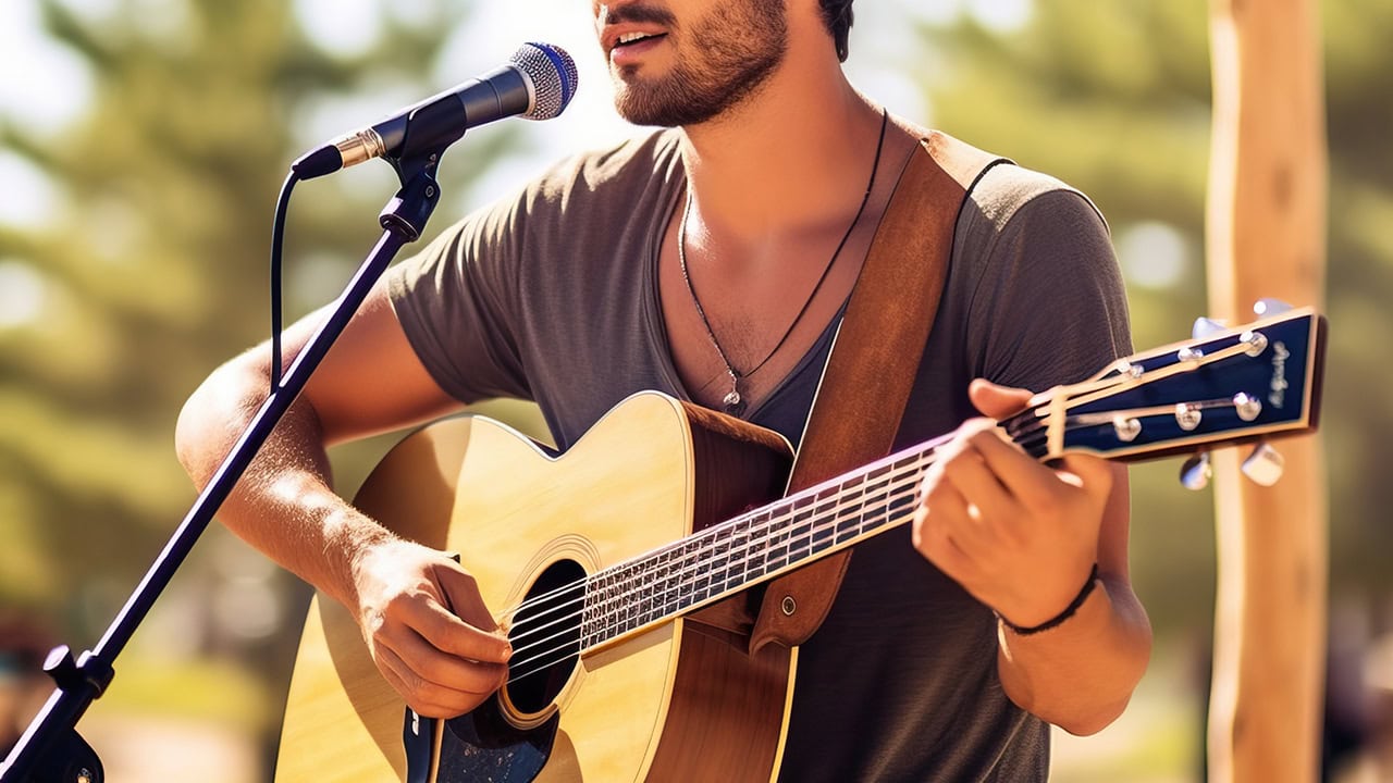 Musician playing acoustic guitar in New Jersey park. Image produced by More Jersey.