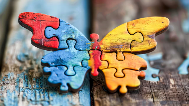 Colorful puzzle pieces forming a butterfly to represent Autism Awareness. 