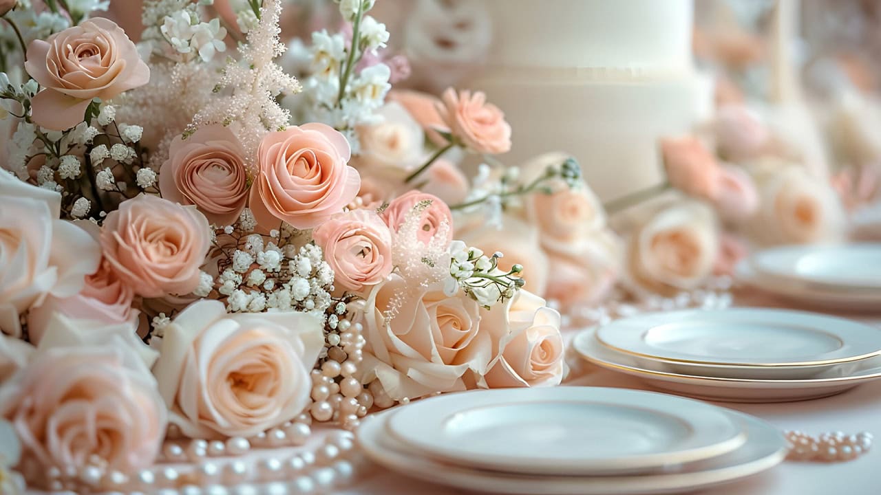 Banquet table decorated with pink roses and pearls.