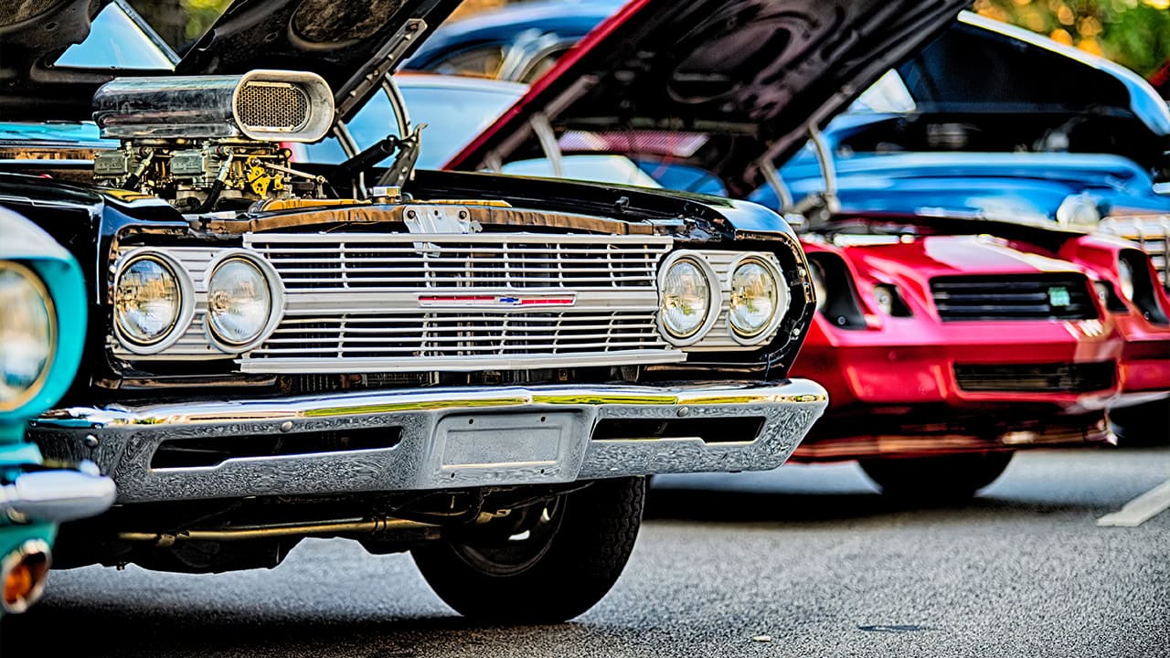 Close-up of classic and vintage cars at New Jersey car show.