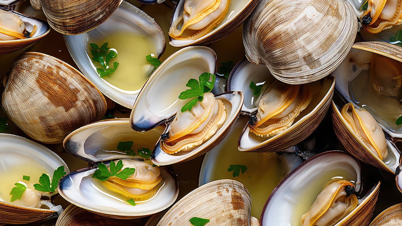 Close-up of steamed clams.