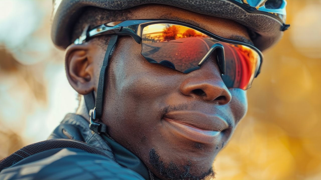 African American male cyclist wearing a helmet and sunglasses.