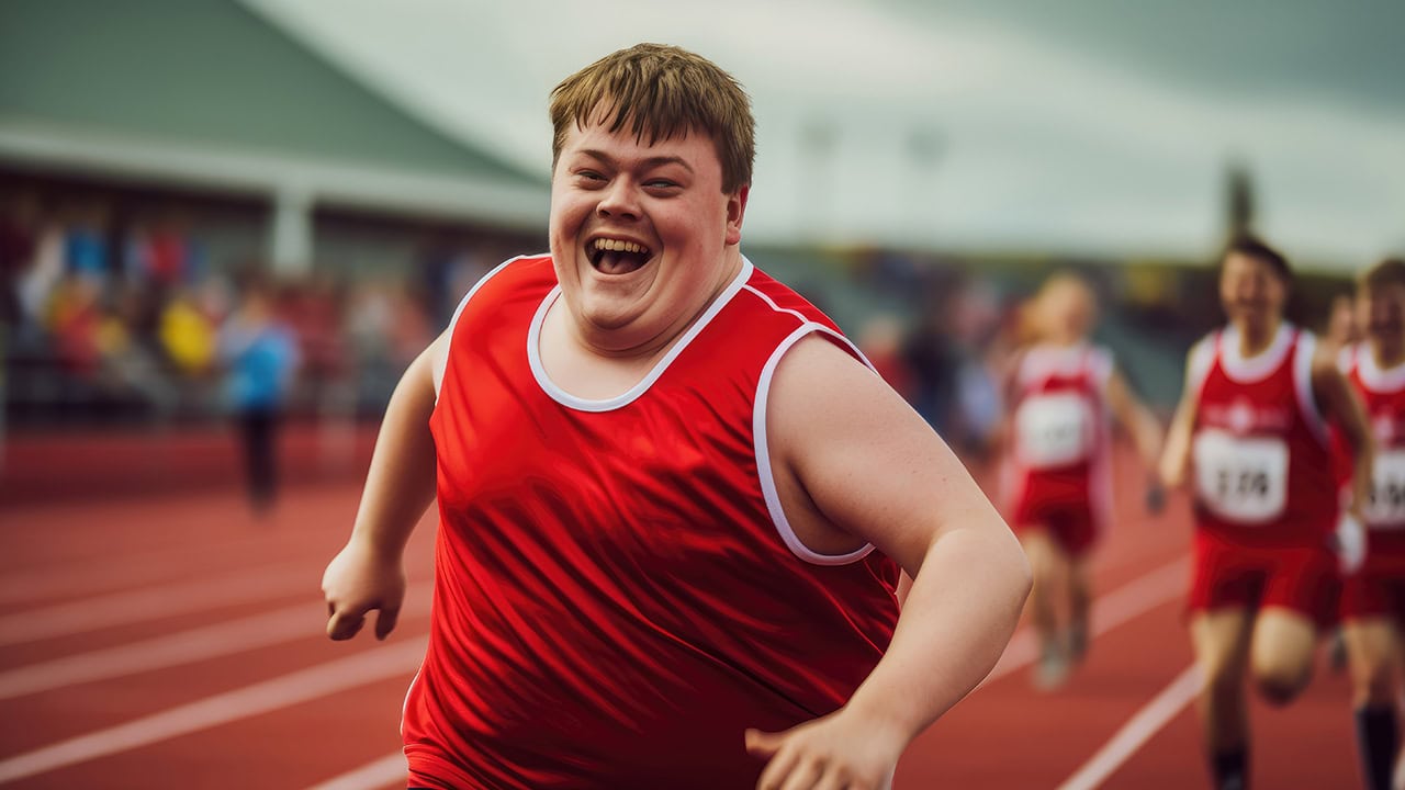 Inclusive sports event with Down syndrome resident in lead. Image produced by More Jersey.