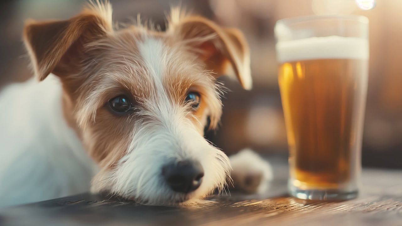 Jack Russell Terrier dog resting beside a glass of beer. Image produced by More Jersey.