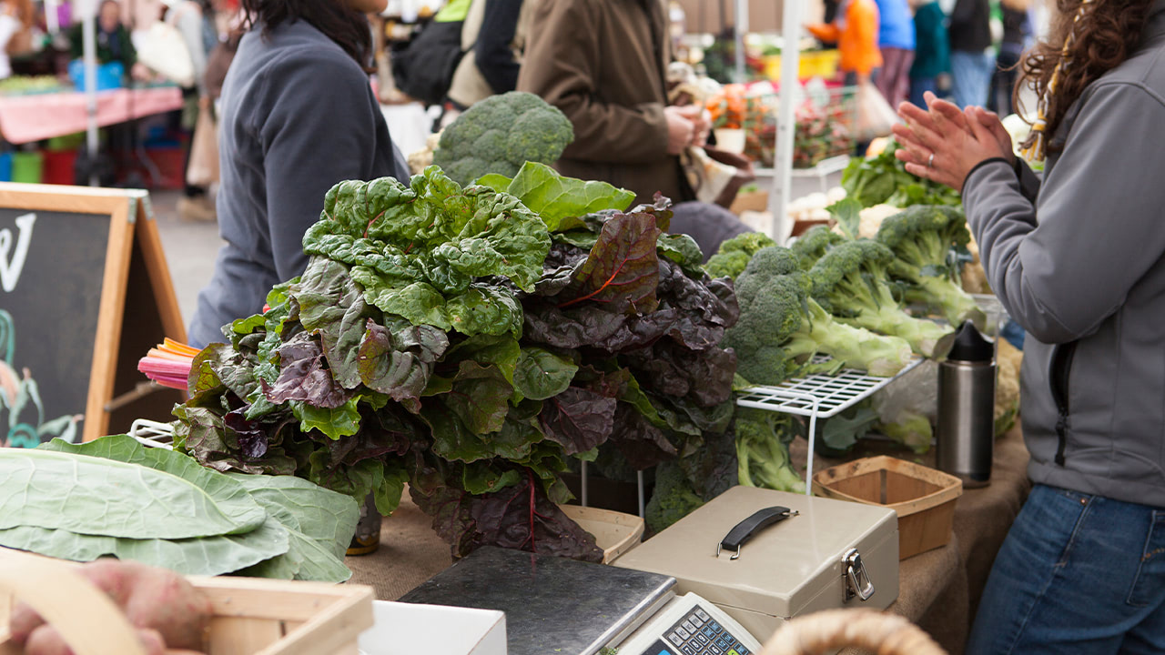 New Jersey fall and winter Farmer's Market stand selling vibrant green vegetables.