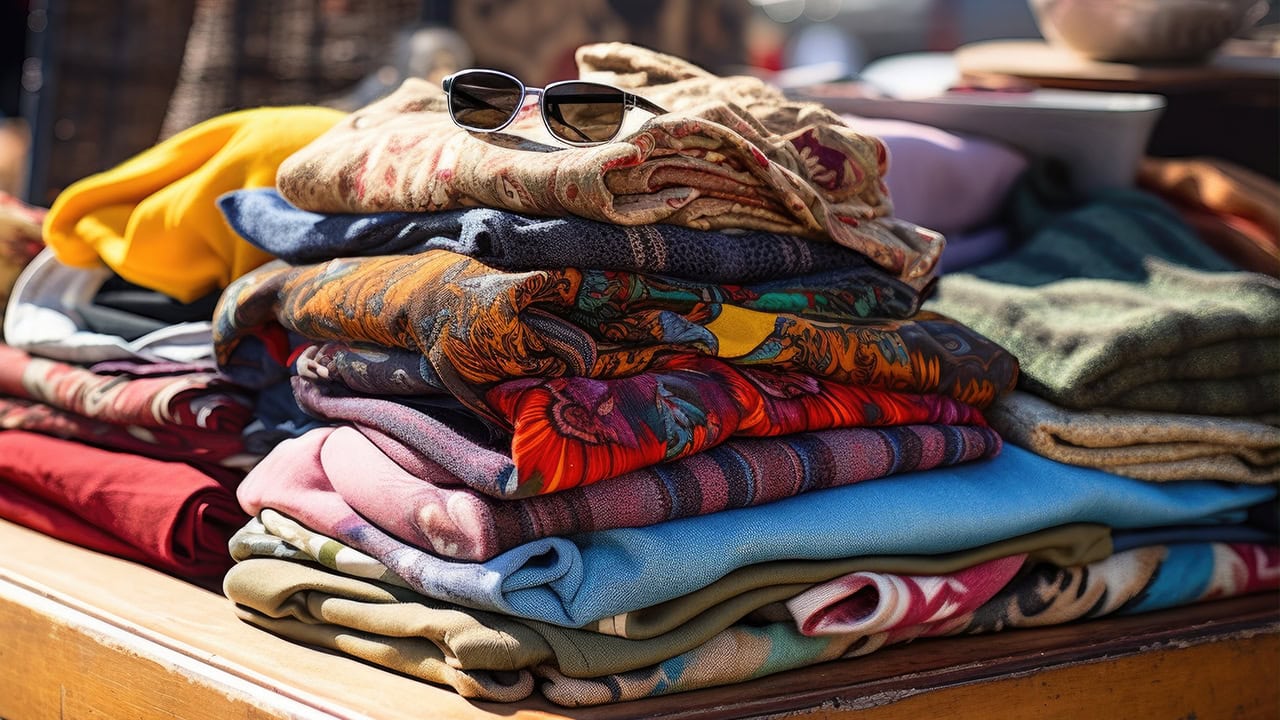 Table of vintage clothing at a New Jersey flea market. Image produced by More Jersey.