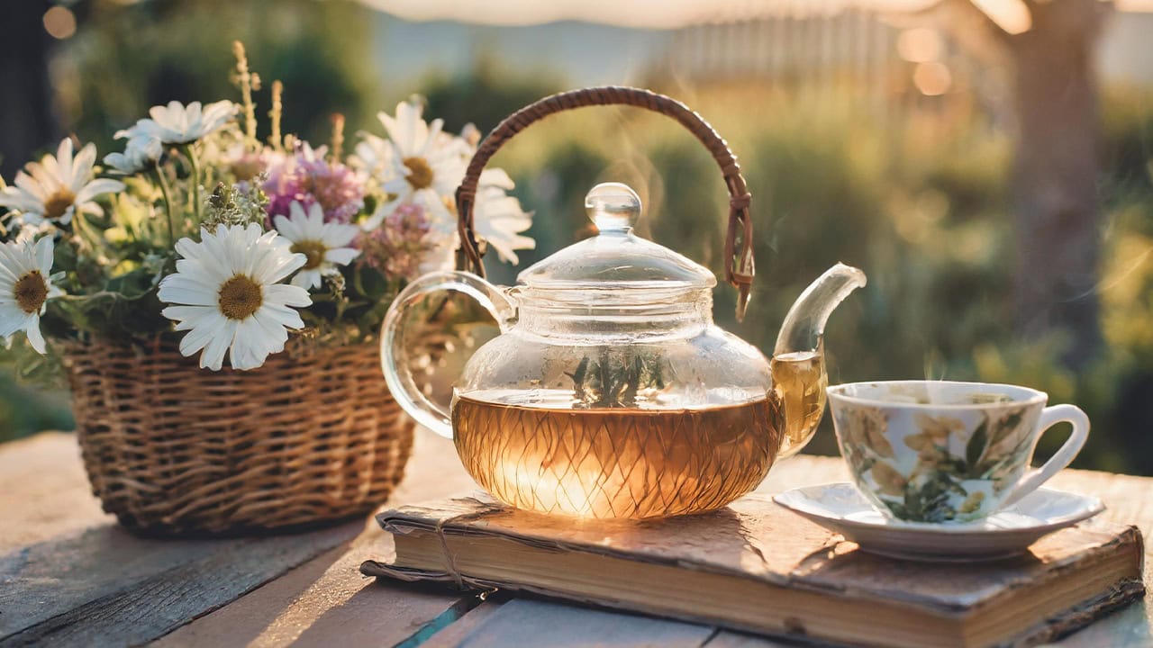 Glass teapot, cup with herbal tea and basket of flowers for outdoor tea party.