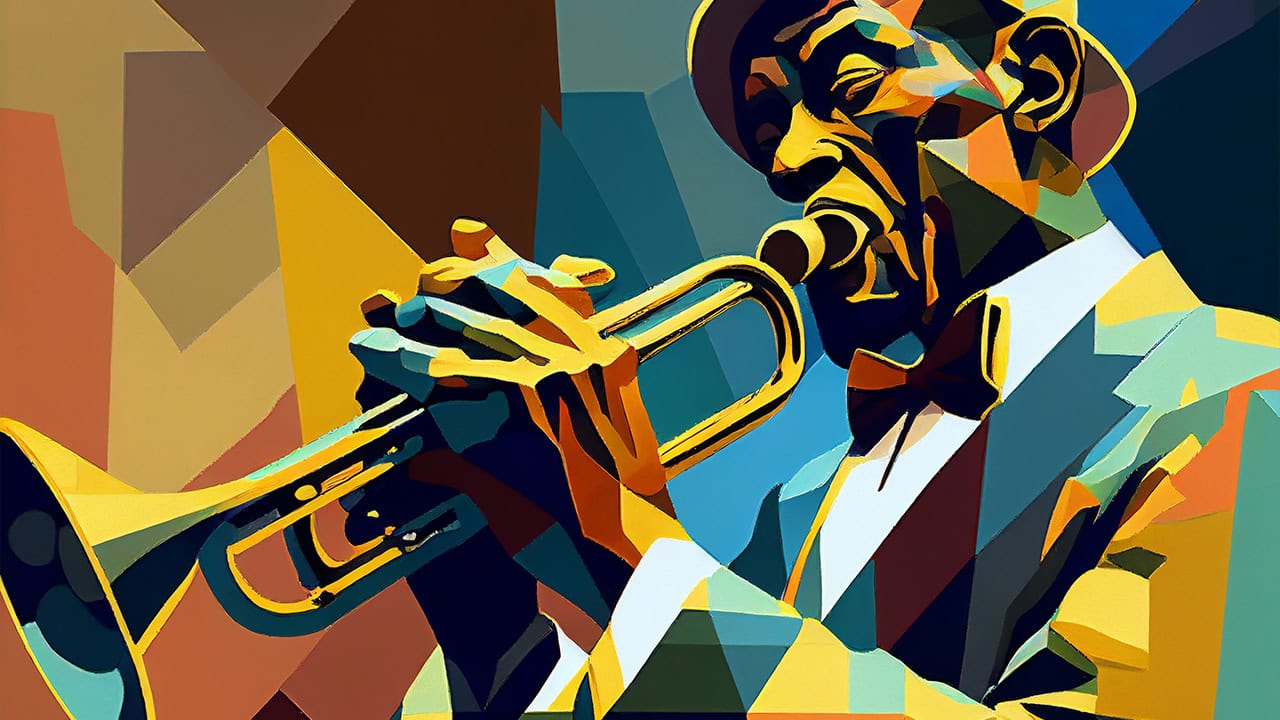 Cubist-style artwork of Afro-American male jazz musician playing a brass trumpet.