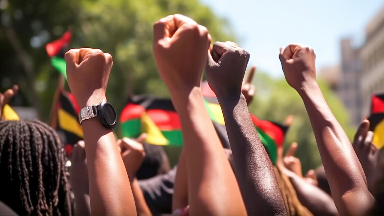 African American residents with raised fists at Juneteenth celebration.