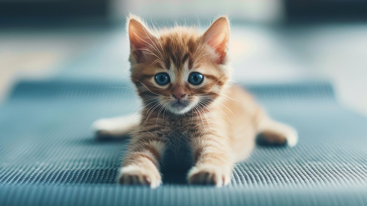Cute orange kitten laying on mat in New Jersey yoga studio.