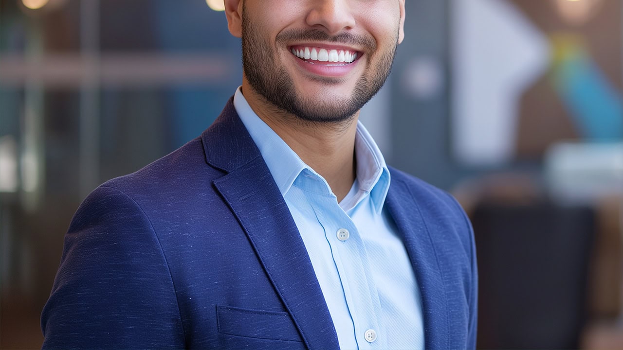 Latino businessman smiling at a New Jersey business office.