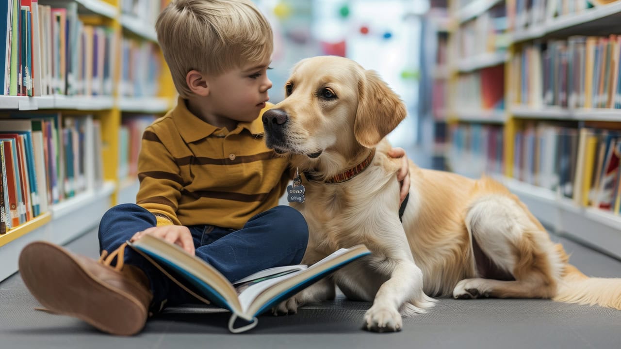 Child reading to therapy dog at New Jersey library. Image produced by More Jersey.