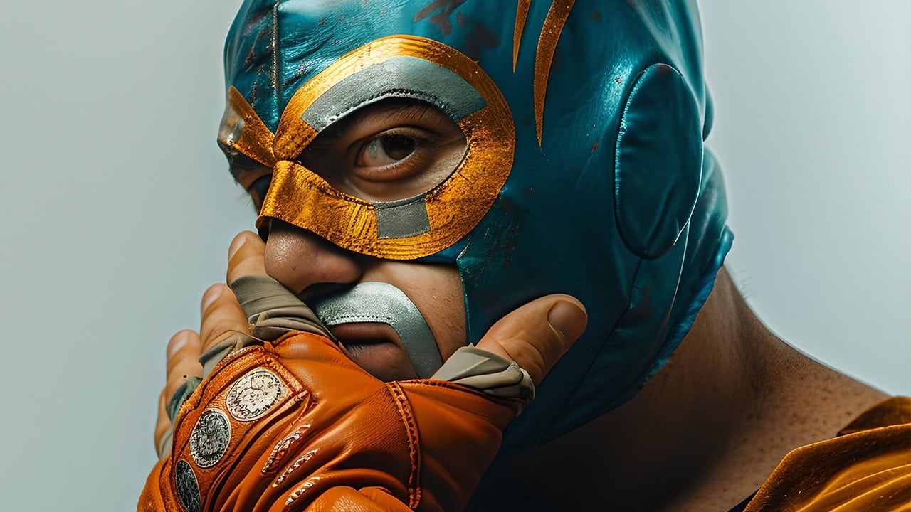 Close-up of luchador wearing Lucha Libre wrestling mask.