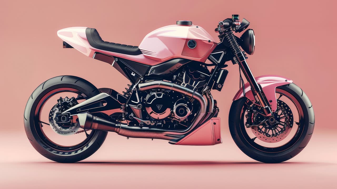 Side-view of a pink motorcycle. 