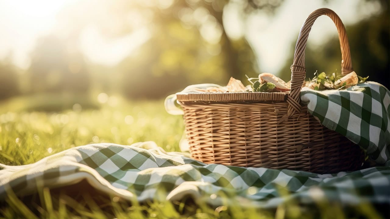 Picnic basket on grass. Image produced by More Jersey.