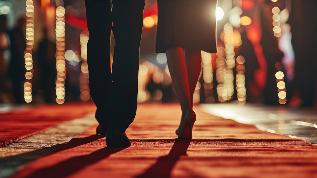 New Jersey couple walking down the red carpet at a glamorous gala event. Image produced by More Jersey.