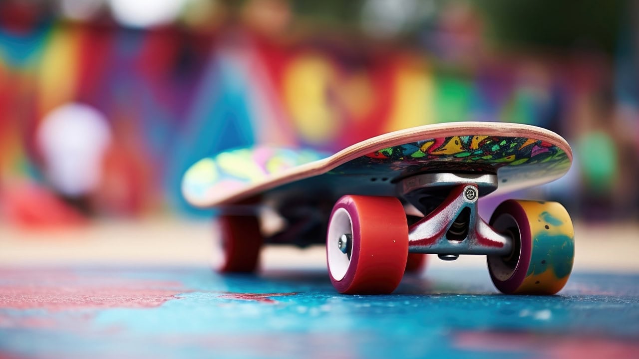 Close-up of a painted skateboard in colorful New Jersey skatepark.