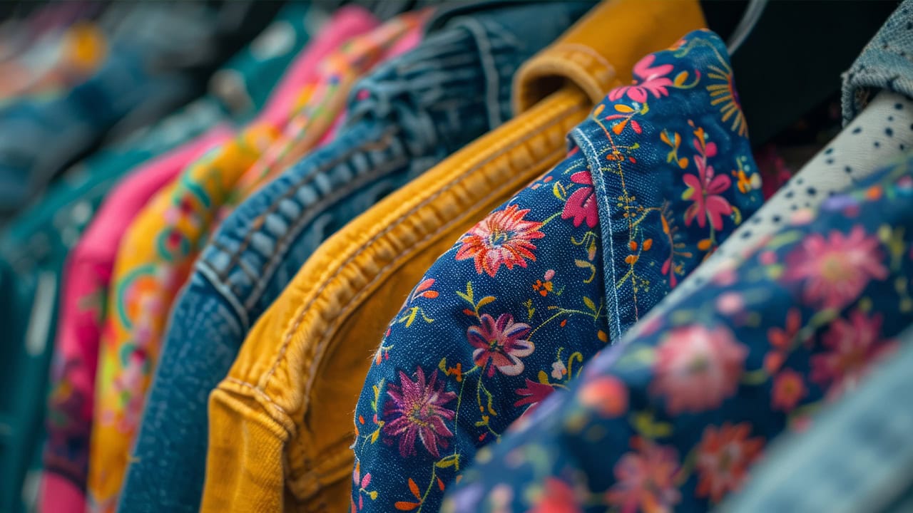 Close-up of colorful clothes in a local thrift store in New Jersey.