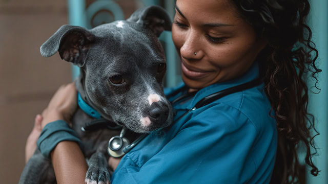 New Jersey veterinarian holding a dog in her arms.