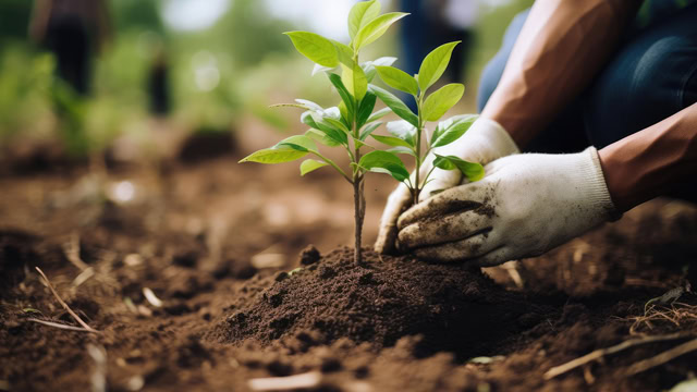 New Jersey volunteer planting trees at a local community garden.