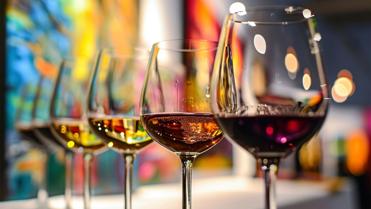 Close-up of various wines at a New Jersey art exhibit event. Image produced by More Jersey.