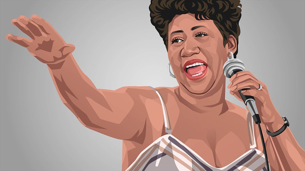 Original illustration of soul singer Aretha Franklin, tribute concert in New Jersey.