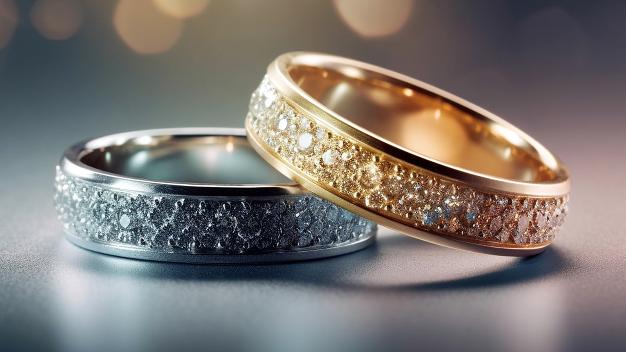 Pair of elegant gold and platinum wedding rings with diamonds. Image produced by More Jersey.