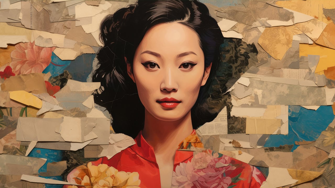 Paper collage picture of an Asian woman.