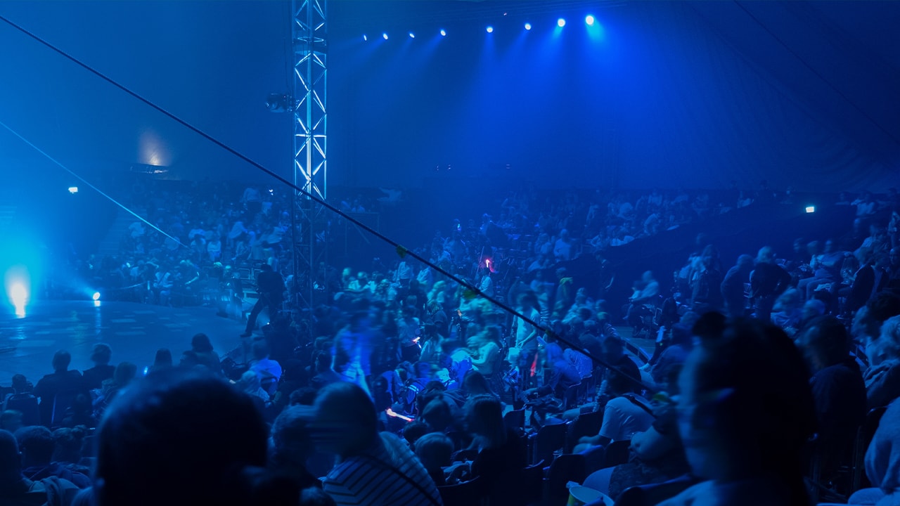 Photo of audience during blue lit scene of theatrical circus event.