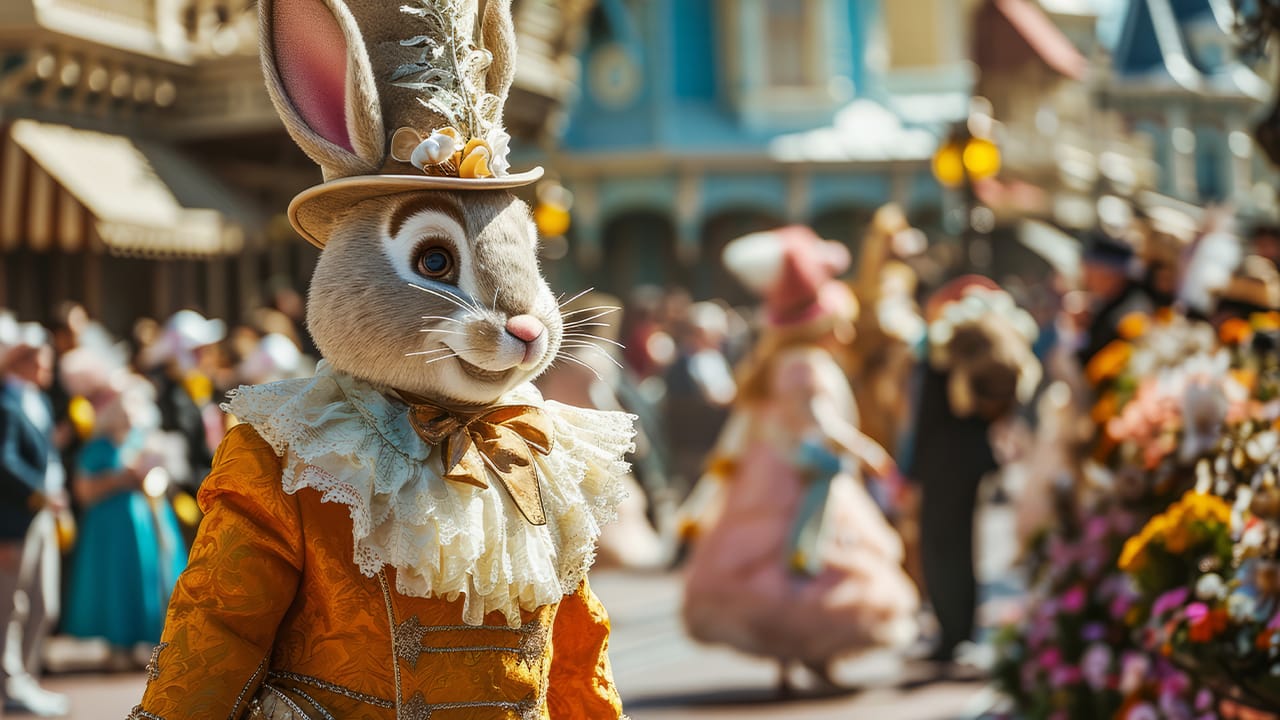 Photo of person wearing a bunny costume during Easter parade.