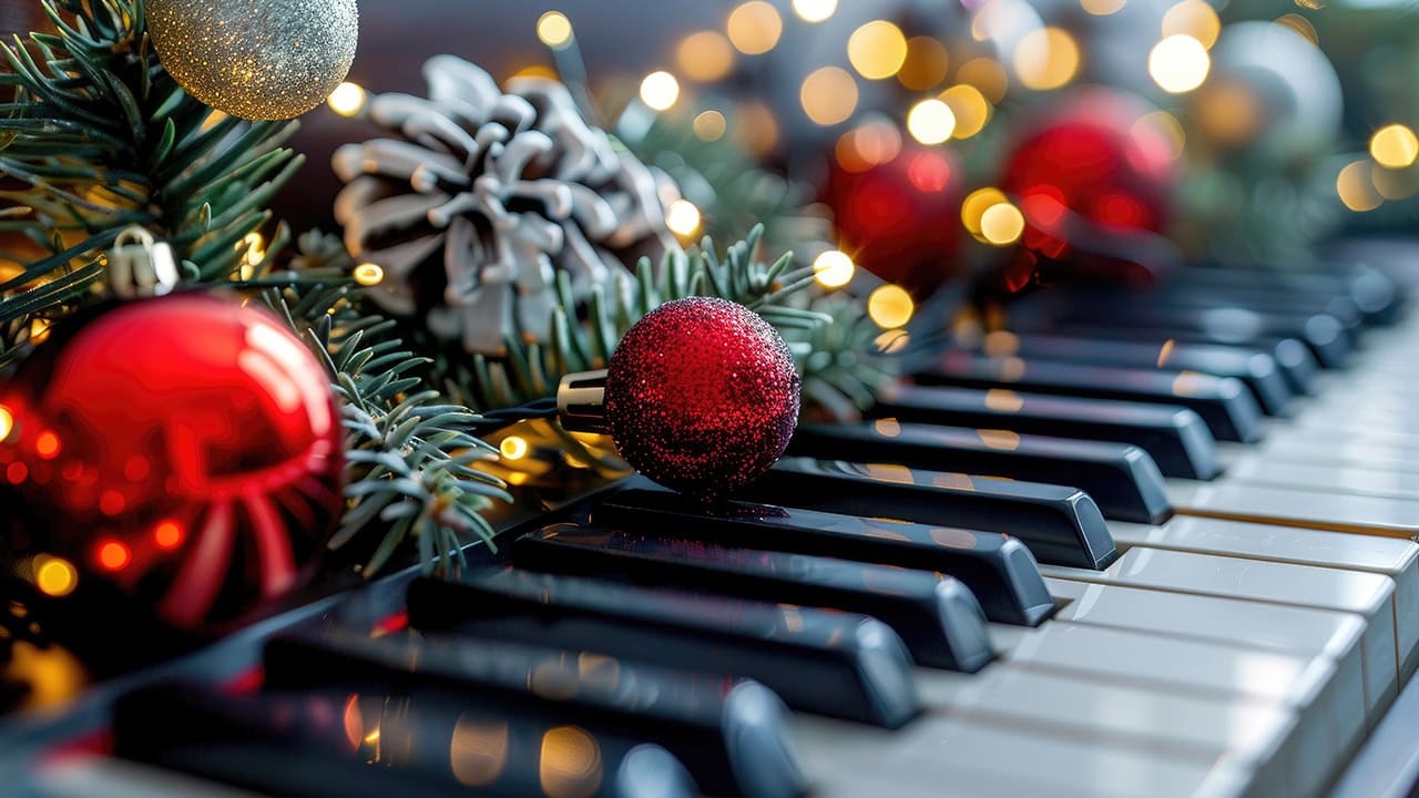 Piano keyboard with decorations for New Jersey Christmas music concert. Image produced by More Jersey.