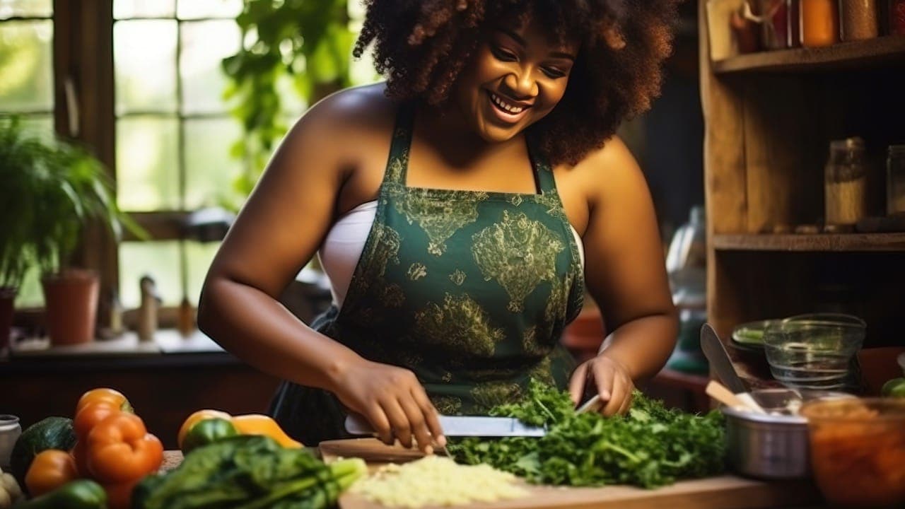 Plus-size African-American woman in apron chopping vegetables in the kitchen.