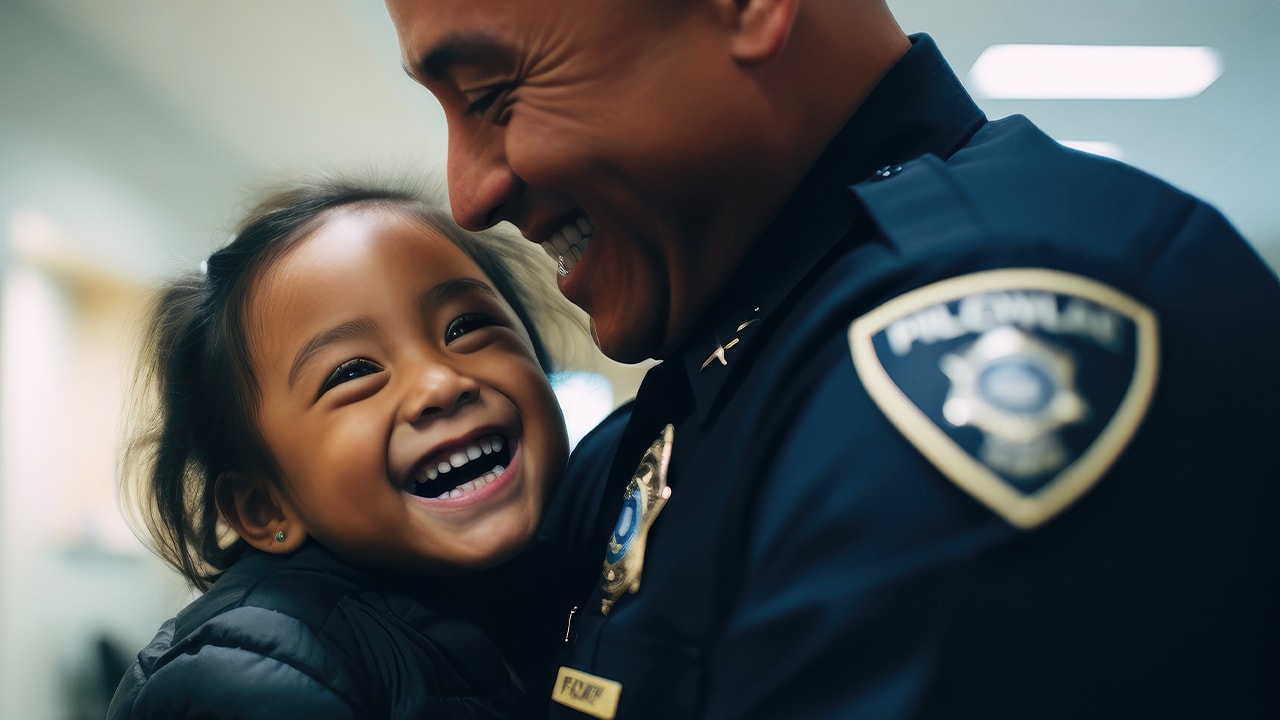 Police officer embracing young girl during youth career presentation.