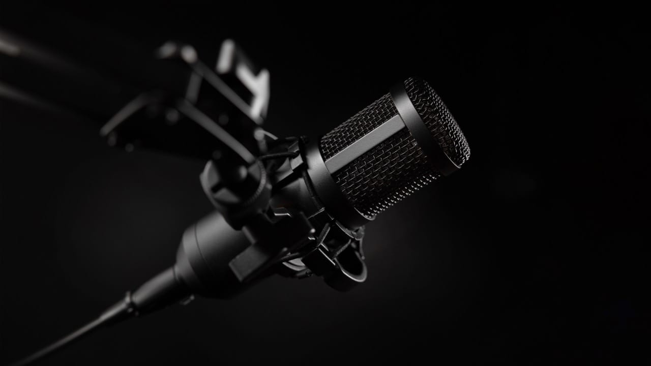 Professional sound recording microphone on black background.