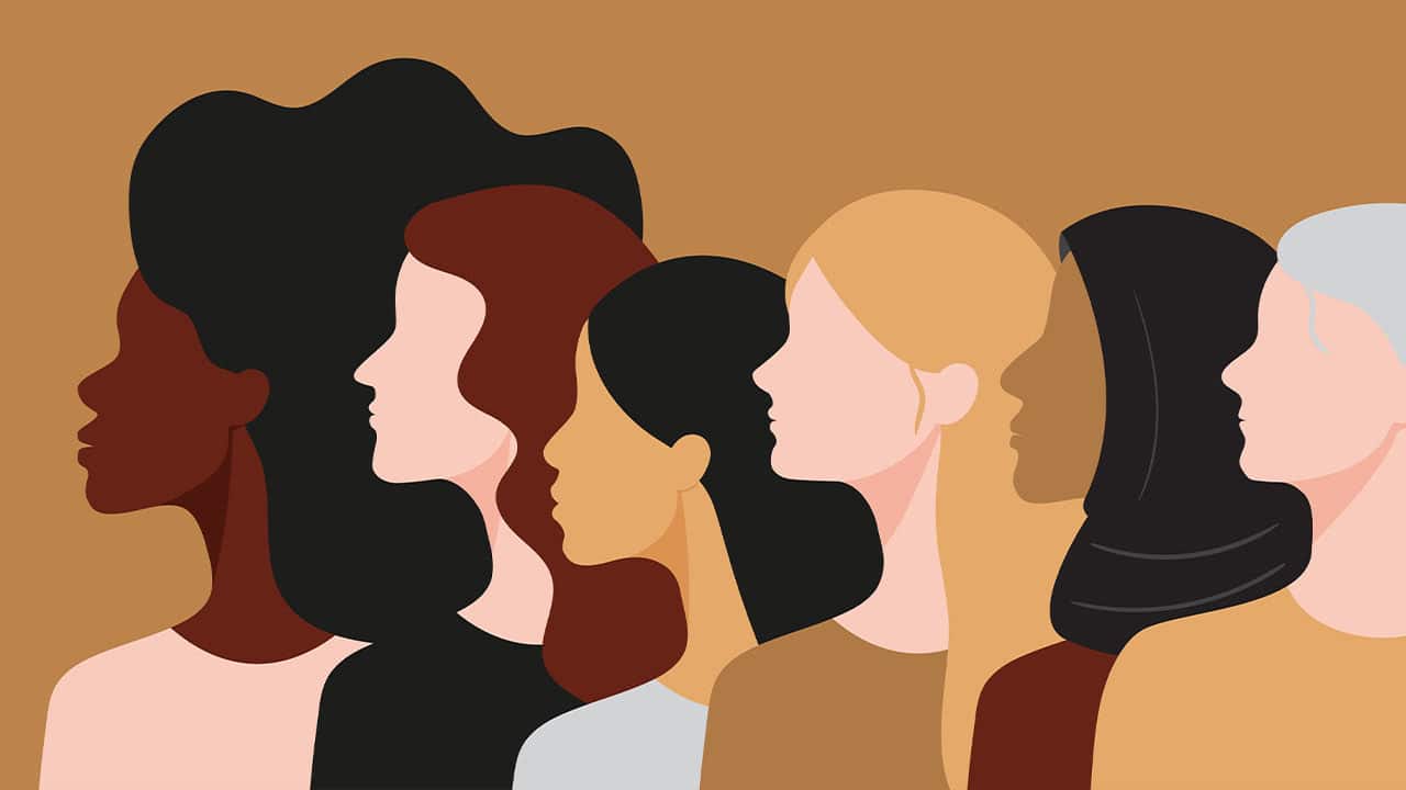 Profile illustration silhouettes of diverse females symbolizing women's strength and unity.