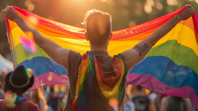 Queer New Jersey resident proudly holding pride rainbow flag.