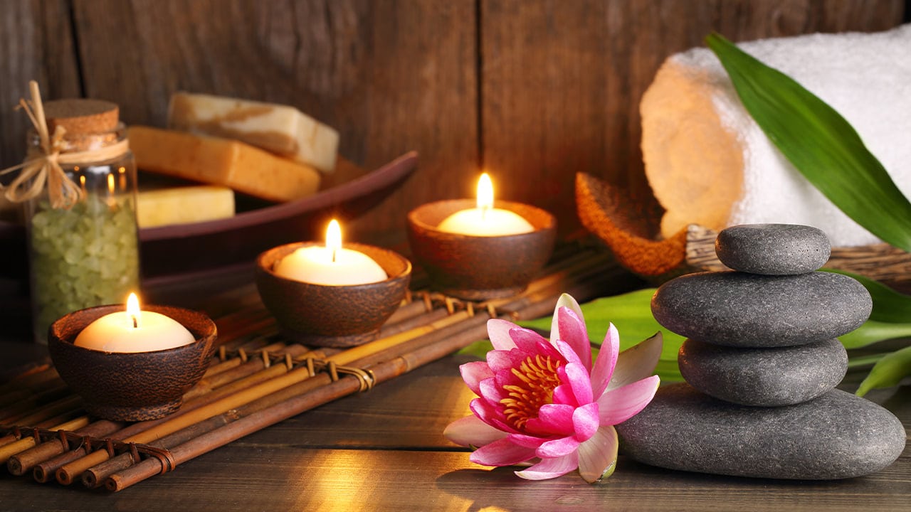 Relaxing and pampering spa treatment items.