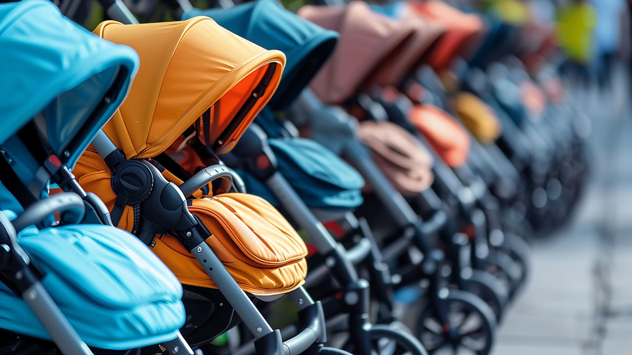 Row of colorful baby strollers lined up at New Jersey event.