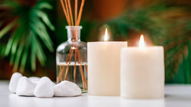 Self care aromatherapy candles and essential oil reed diffusers.