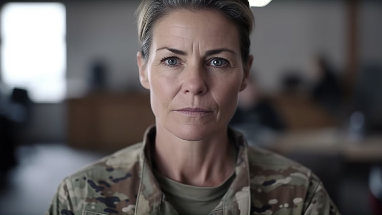 Serious middle-aged female soldier veteran in military camouflage.
