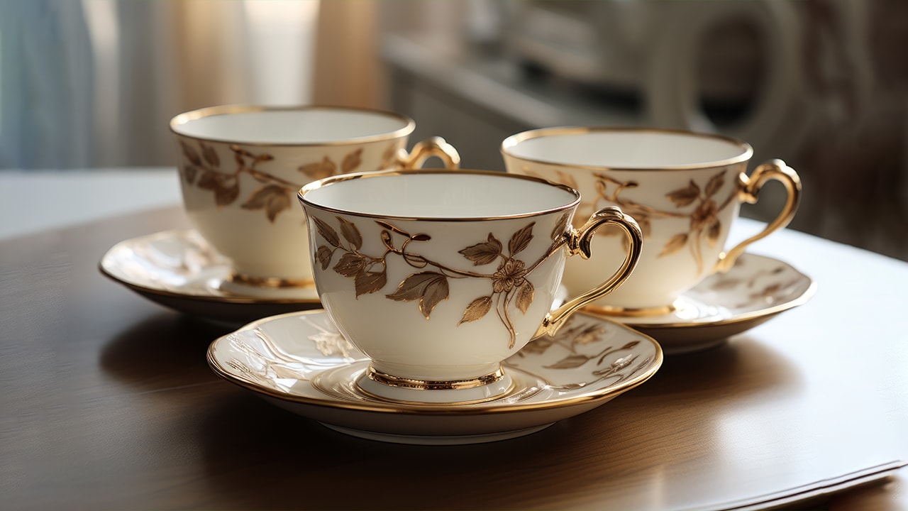 Set of elegant porcelain teacups and saucers arranged on a tabletop for a New Jersey tea party event.
