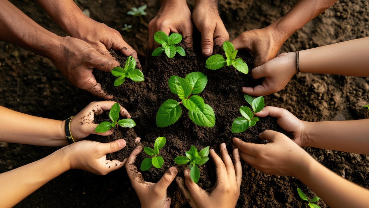 Several hands of different genders and skin tones nurturing young green plants in soil.