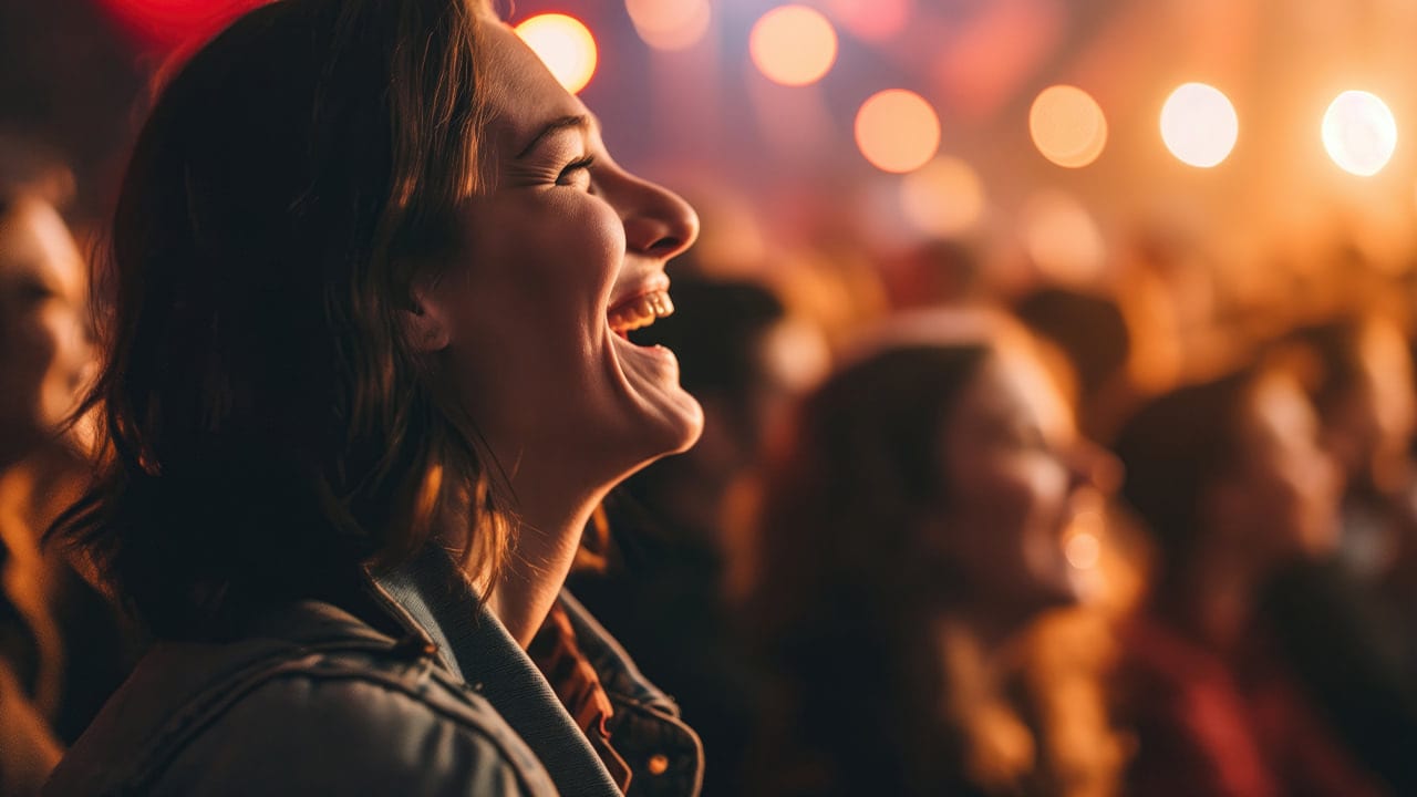 Side profile photo of woman joyfully laughing during live comedy performance.