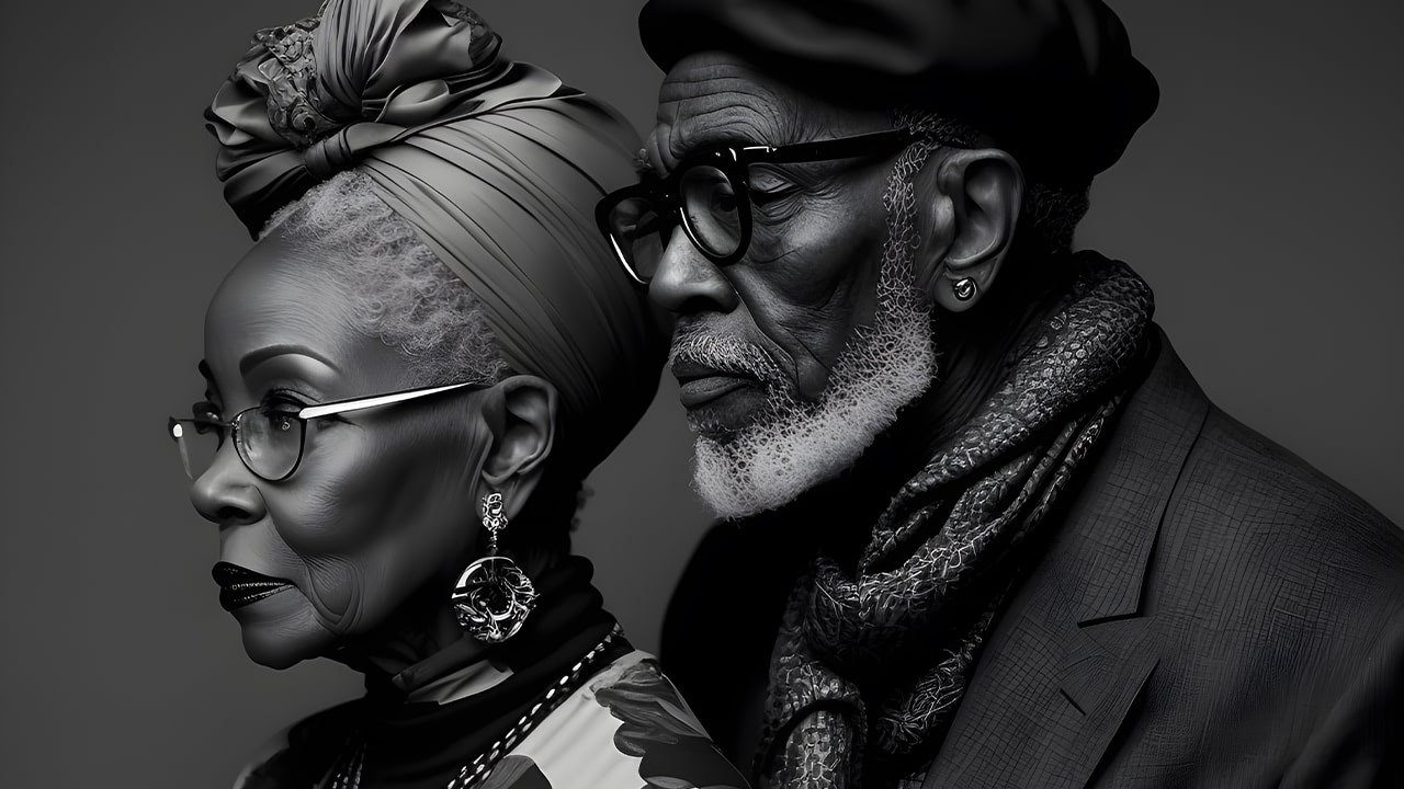 Side profile portrait of fashionable senior African American couple.