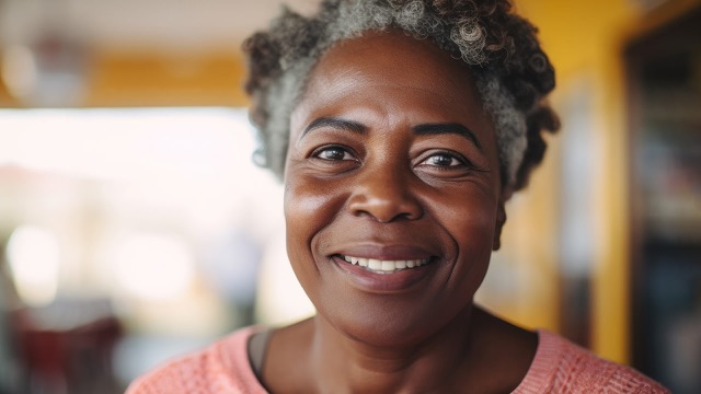 Smiling senior African American woman at New Jersey event.